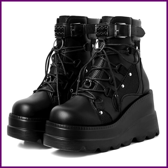 Shoes - Holographic Platform Combat Boots, Wedge Heel, Lace Up Ankle Boots